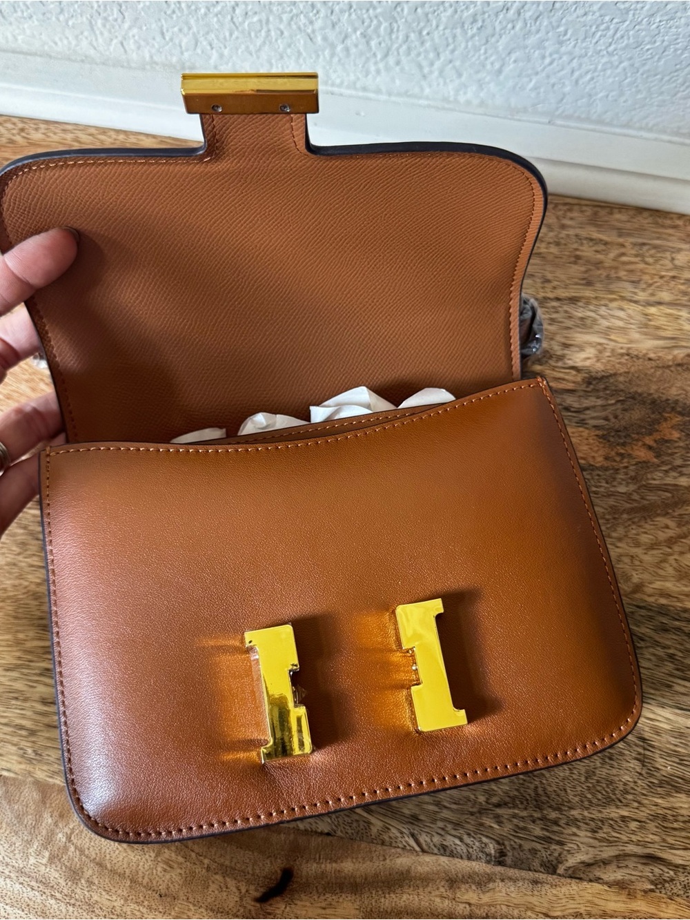 Gold Brown Tan Smooth Leather Logo 18 KK Crossbody Convertible Shoulder Bag - Picture 2 of 8